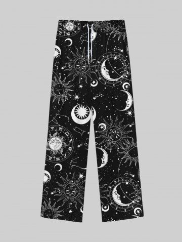 Gothic Galaxy Sun Moon Star Print Wide Leg Drawstring Sweatpants For Men - BLACK - L