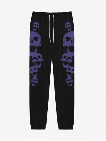 Gothic Skulls Print Pockets Drawstring Jogger Pants For Men - BLACK - XL