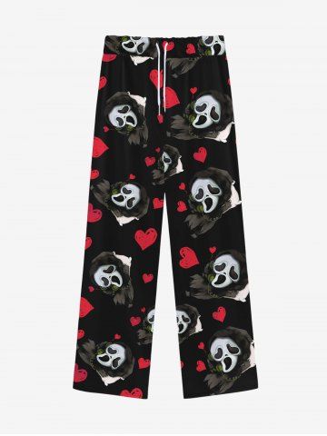 Gothic Valentine's Day Skull Ghost Heart Print Wide Leg Drawstring Sweatpants For Men - BLACK - L