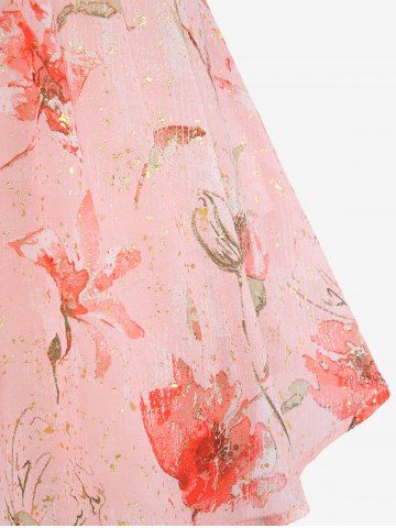 Plus Size Ruched Pearl Buckle Ruffles Hot Stamping Flower Print Chiffon Cami Top and Heart Ring Ribbed Textured Crop Top