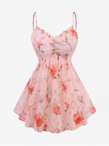 Plus Size Ruched Pearl Buckle Ruffles Hot Stamping Flower Print Chiffon Cami Top and Heart Ring Ribbed Textured Crop Top