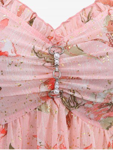 Plus Size Ruched Pearl Buckle Ruffles Hot Stamping Flower Print Chiffon Cami Top and Heart Ring Ribbed Textured Crop Top