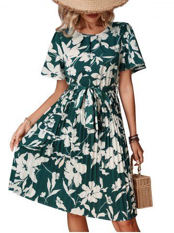 Women Summer A Line Fashion Flowers Print Dress - DEEP GREEN - M | US 6