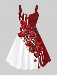 Plus Size Valentine's Day Colorblock Stripe Rose Flower Heart Print Tank Dress -  
