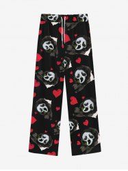 Gothic Valentine's Day Skull Ghost Heart Print Wide Leg Drawstring Sweatpants For Men -  