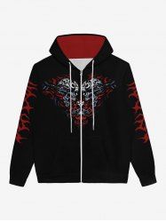 Gothic Skulls Flame Print Pockets Drawstring Zip Up Hoodie For Men -  