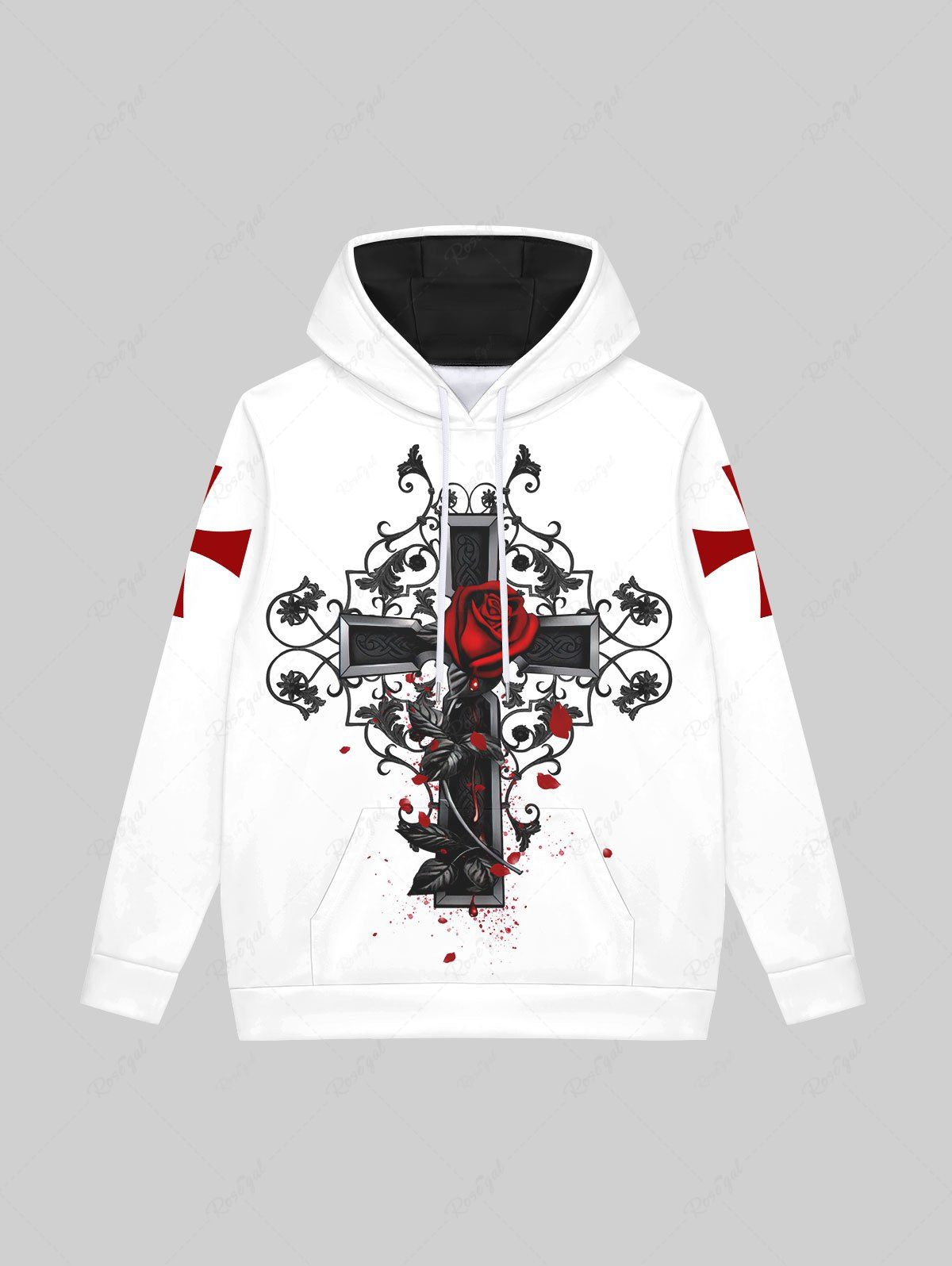 Outfits Gothic Cross Rose Flower Leaf Print Pockets Fleece Lining Drawstring Hoodie For Men  