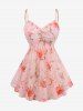 Plus Size Ruched Pearl Buckle Ruffles Hot Stamping Flower Print Chiffon Cami Top and Heart Ring Ribbed Textured Crop Top -  