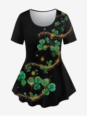 Plus Size Clover Leaf Plant Star Sparkling Sequin Glitter 3D Print T-shirt - BLACK - S
