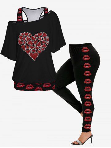 Lip Printed Racerback Tank Top and Skew Neck Batwing Sleeves Heart Graphic T-shirt Valentines Set and Leggings Plus Size Outfit