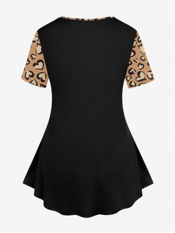 Plus Size 3D PU Lace Up O-Ring Grommet Leopard Heart Print Valentines T-shirt
