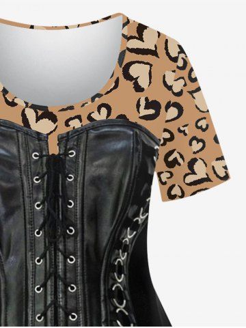 Plus Size 3D PU Lace Up O-Ring Grommet Leopard Heart Print Valentines T-shirt