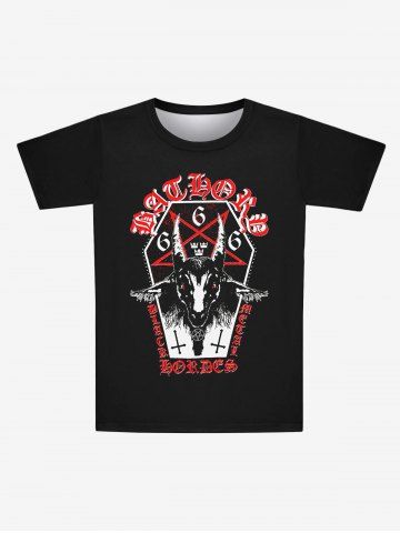 Gothic Sheep Head Star Cross Letters Print T-shirt For Men - BLACK - XS