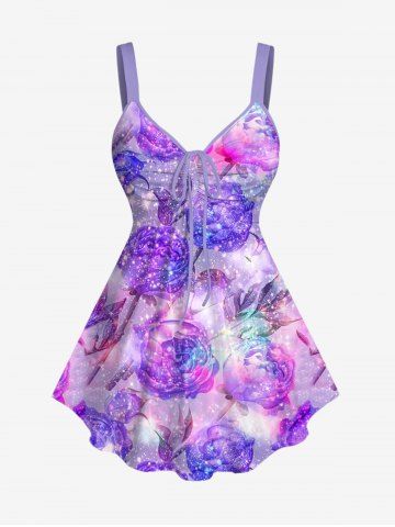 Plus Size Rose Flower Glitter Sparkling Sequin 3D Print Cinched Tank Top - PURPLE - XS