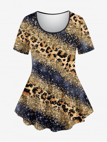 Plus Size Leopard Sparkling Sequin Glitter Colorblock 3D Print T-shirt - COFFEE - 1X
