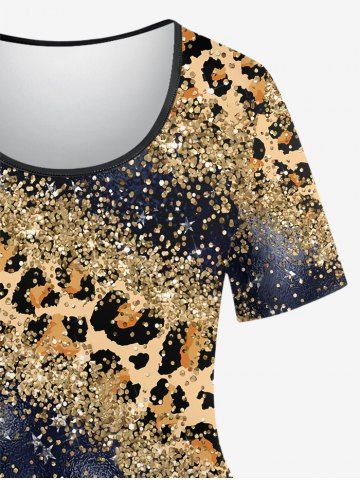 Plus Size Leopard Sparkling Sequin Glitter Colorblock 3D Print T-shirt