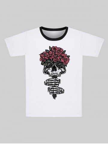 T-shirt Gothique Imprimé Rose et Crâne Saint-Valentin pour Homme - WHITE - 8XL
