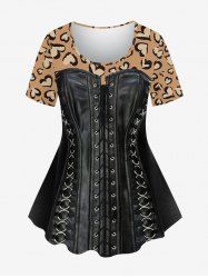 Plus Size 3D PU Lace Up O-Ring Grommet Leopard Heart Print Valentines T-shirt -  