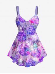 Plus Size Rose Flower Glitter Sparkling Sequin 3D Print Cinched Tank Top -  