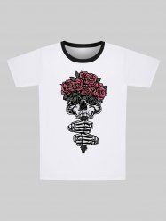 T-shirt Gothique Imprimé Rose et Crâne Saint-Valentin pour Homme - Blanc 5XL