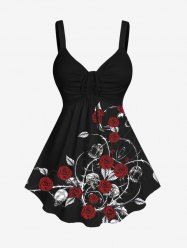 Plus Size Rose Flower Leaf Print Cinched Tank Top -  