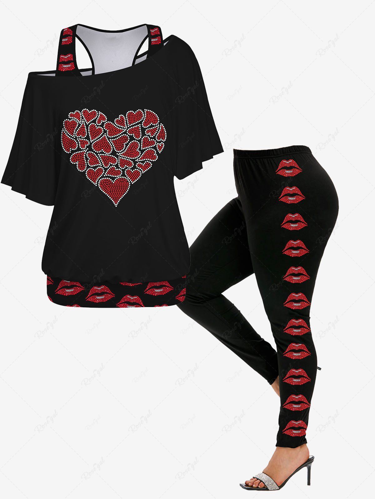 Affordable Lip Printed Racerback Tank Top and Skew Neck Batwing Sleeves Heart Graphic T-shirt Valentines Set and Leggings Plus Size Outfit  