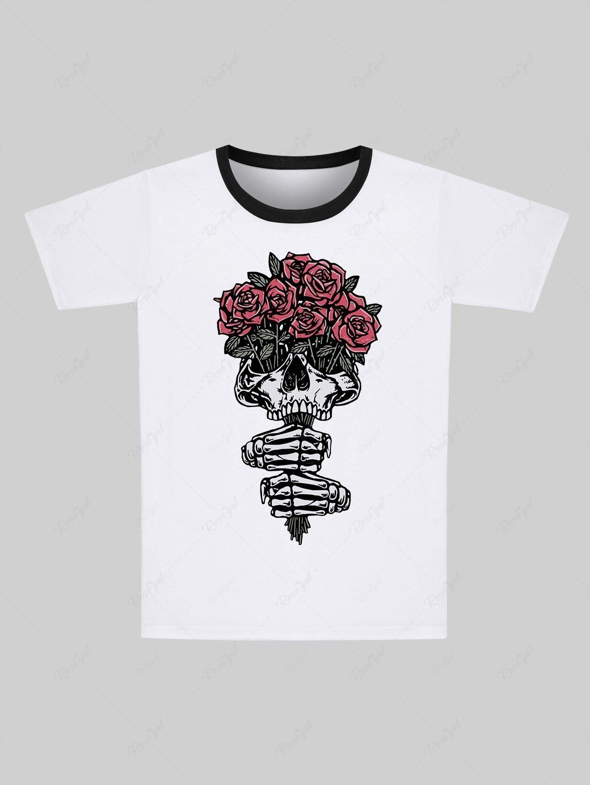 T-shirt Gothique Imprimé Rose et Crâne Saint-Valentin pour Homme Blanc M