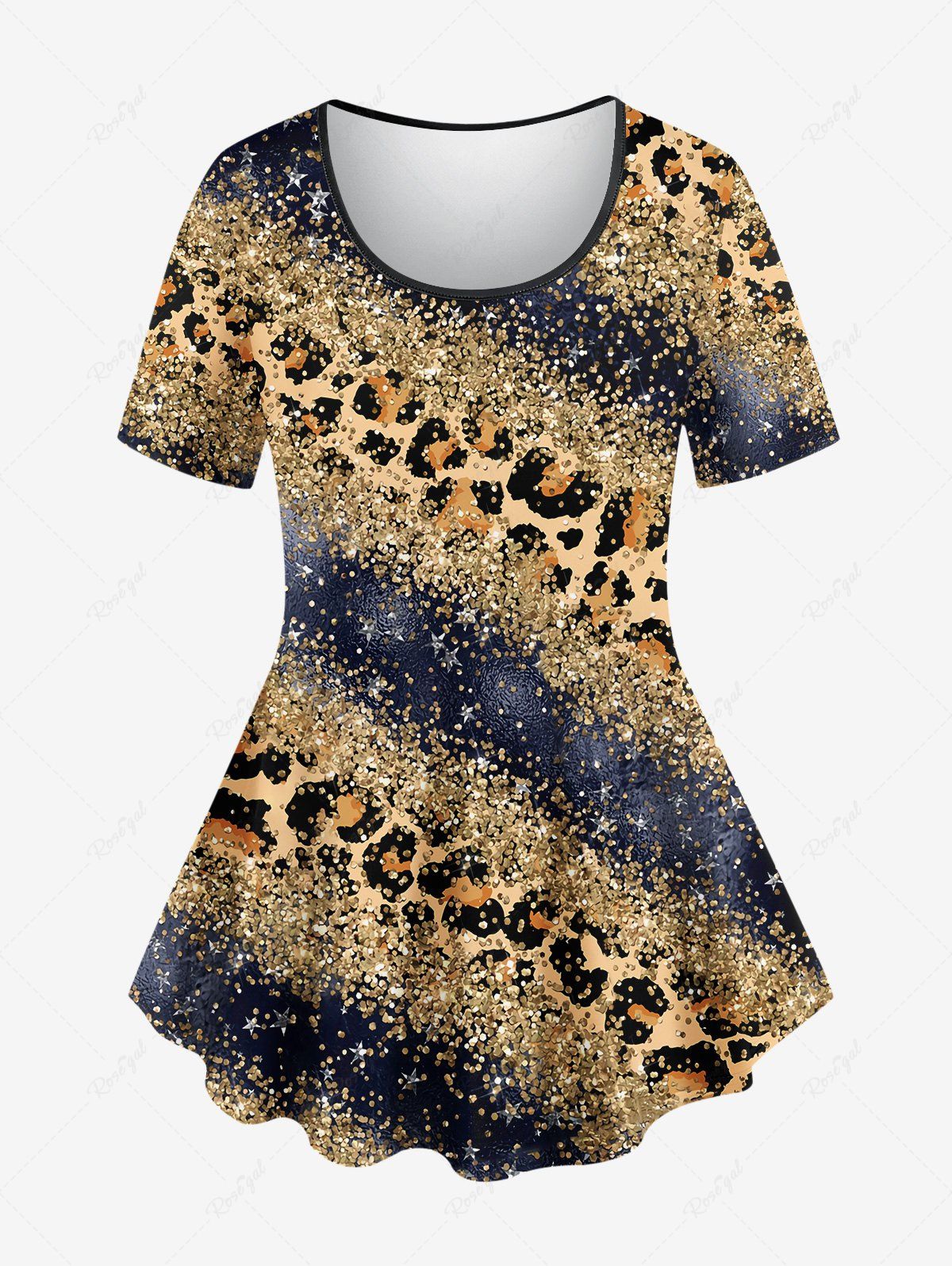Unique Plus Size Leopard Sparkling Sequin Glitter Colorblock 3D Print T-shirt  