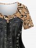 Plus Size 3D PU Lace Up O-Ring Grommet Leopard Heart Print Valentines T-shirt -  