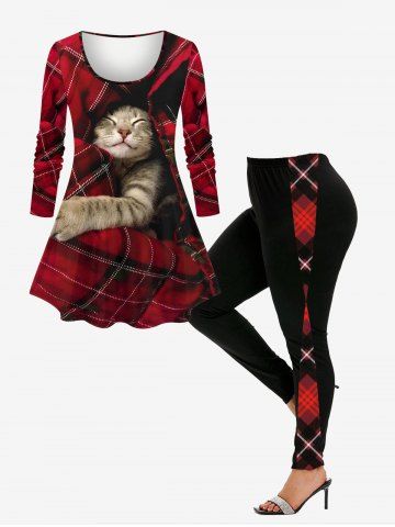 Cat Plaid Quilt 3D Printed Long Sleeve T-shirt and  Plaid Pattern Leggings Plus Size Outfit