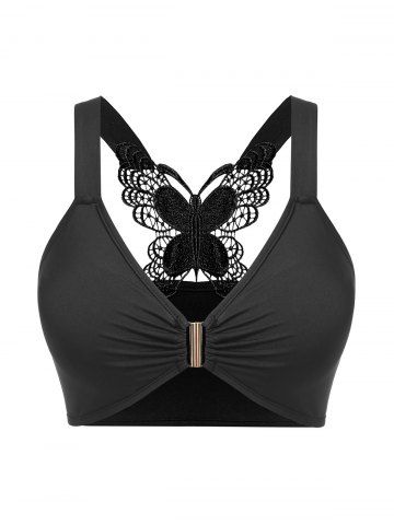 Plus Size & Curve Lace Butterfly Ruched Buckle Bra Top - BLACK - 1X | US 14-16