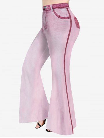 Plus Size 3D Pocket Button Contrast Piping Print Ombre Pull On Flare Pants - LIGHT PINK - S