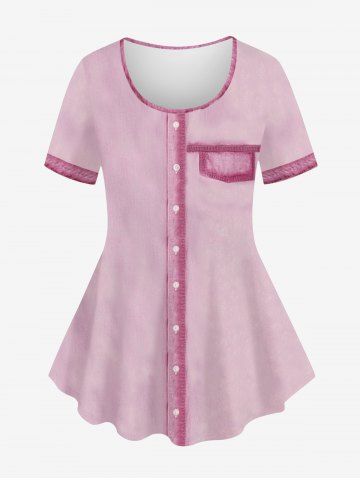 Plus Size 3D Pocket Button Contrast Piping Print Ombre Short Sleeves T-shirt - LIGHT PINK - 4X