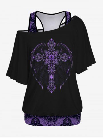 Plus Size Vintage Sun Moon Star Floral Spider Web Print Racerback Tank Top and Cross Heart Graphic T-shirt Set