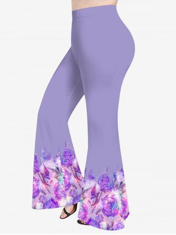 Pantalon Evasé Brillant 3D Feuille et Fleur Imprimées de Grande Taille à Paillettes - PURPLE - 6X