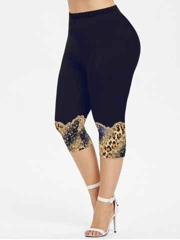 Plus Size Colorblock Star Leopard Sparkling Sequin Glitter 3D Print Capri Leggings - BLACK - XS