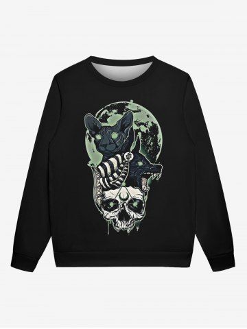 Gothic Moon Skull Cat Wolf Print Crew Neck Sweatshirt For Men - BLACK - L