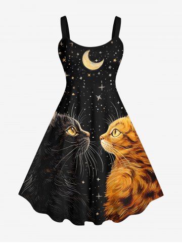 Plus Size Glitter Cat Moon Stars Galaxy Print Backless A Line Tank Dress - BLACK - M