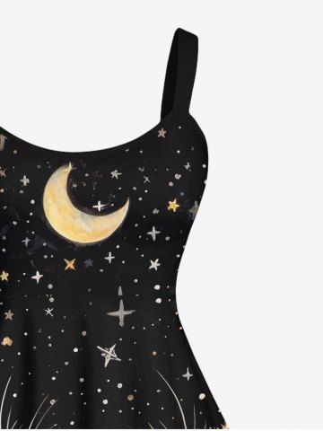 Plus Size Glitter Cat Moon Stars Galaxy Print Backless A Line Tank Dress