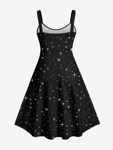 Plus Size Glitter Cat Moon Stars Galaxy Print Backless A Line Tank Dress