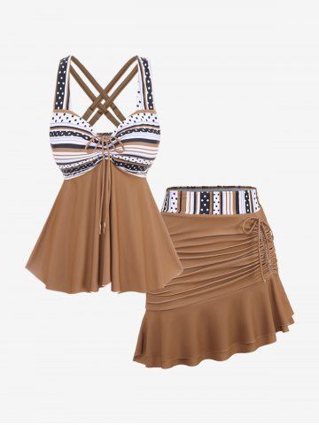 Plus Size Lattice Crisscross Ruched Polka Dots Stripes Print Ruffles Cinched Asymmetrical Skirt Tankini Set - COFFEE - M | US 10