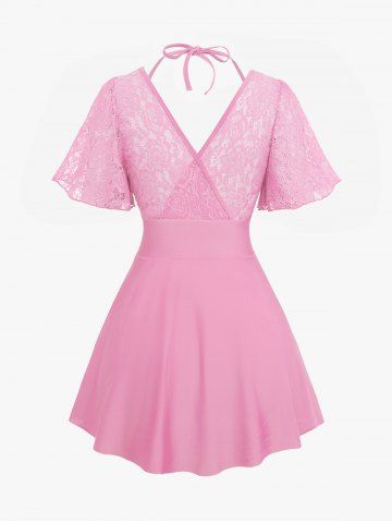 Fashion Flutter Sleeve Floral Lace Panel Tied Crossover Solid Tankini Swimsuit