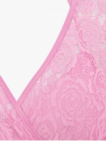 Fashion Flutter Sleeve Floral Lace Panel Tied Crossover Solid Tankini Swimsuit