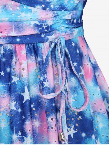 Plus Size Galaxy Tie Dye Star Print Hollow Out Cinched Lace Trim Top