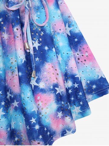 Plus Size Galaxy Tie Dye Star Print Hollow Out Cinched Lace Trim Top