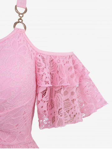 Plus Size Flutter Sleeves Cold Shoulder Floral Lace Overlay Twist Layered Solid Blouse