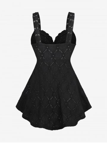 Plus Size Lace Up Grommets Buckle Ruffles Hollow Out Embossed Zip Up Tank Top