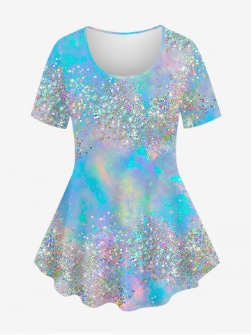 Plus Size Galaxy Tie Dye Glitter 3D Print T-shirt - BLUE - S