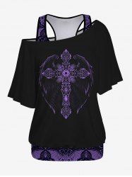 Plus Size Vintage Sun Moon Star Floral Spider Web Print Racerback Tank Top and Cross Heart Graphic T-shirt Set -  