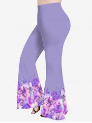 Pantalon Evasé Brillant 3D Feuille et Fleur Imprimées de Grande Taille à Paillettes - Pourpre  6X